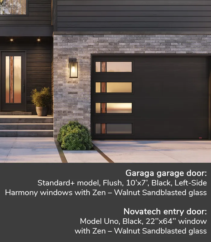 GARAGA garage doors | Standard+ model, Flush, 10’x7’, Black, Left-Side Harmony windows with Zen – Walnut Sandblasted glass | Novatech Entry door